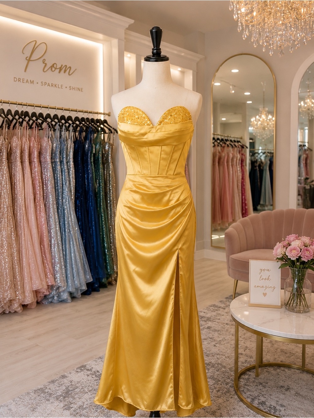 Elegant Strapless Yellow Gold Satin Prom Evening Gown, Size 0